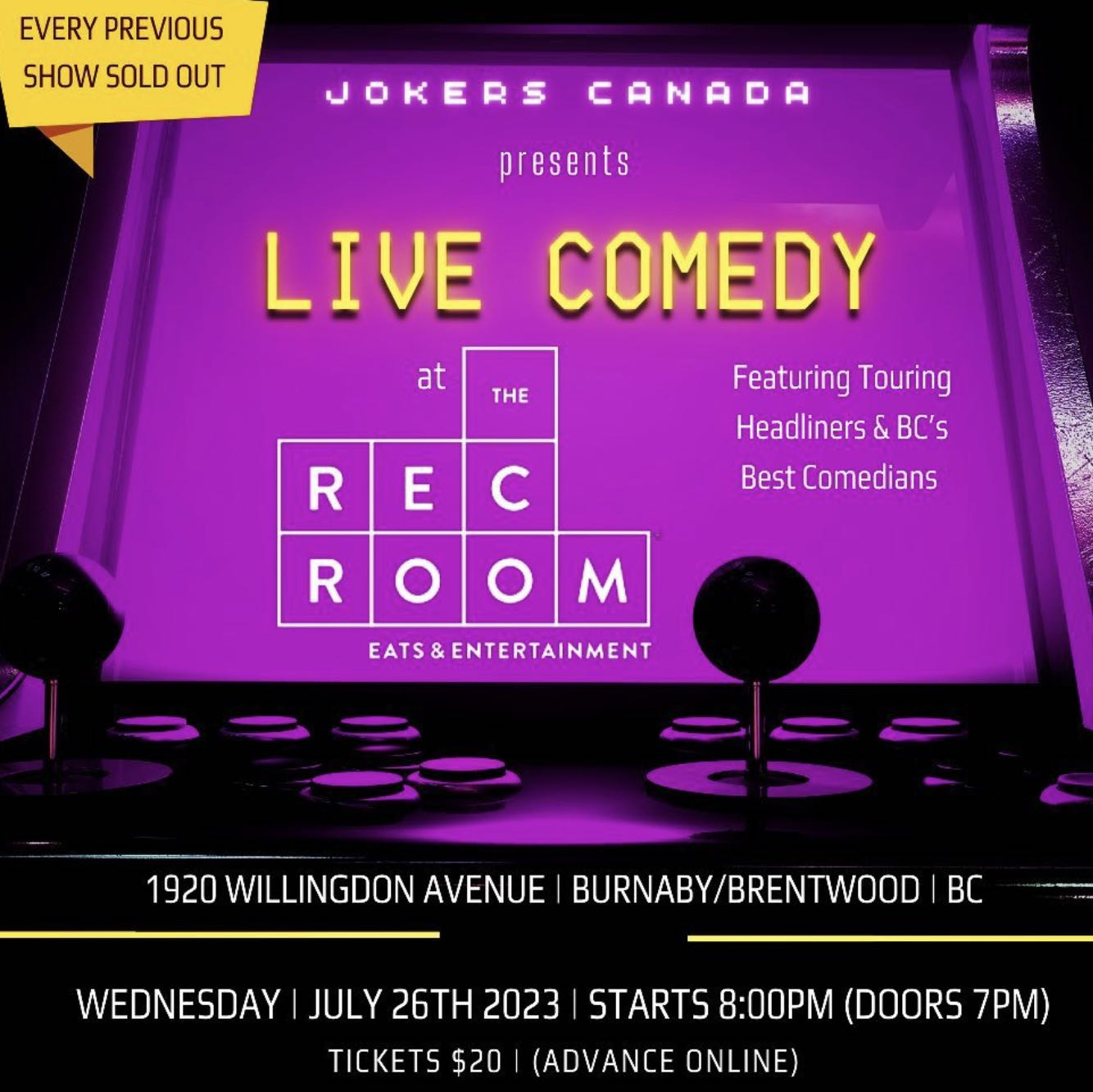 Live Comedy @ The Rec Room | Burnaby, BC | July 26, 2023